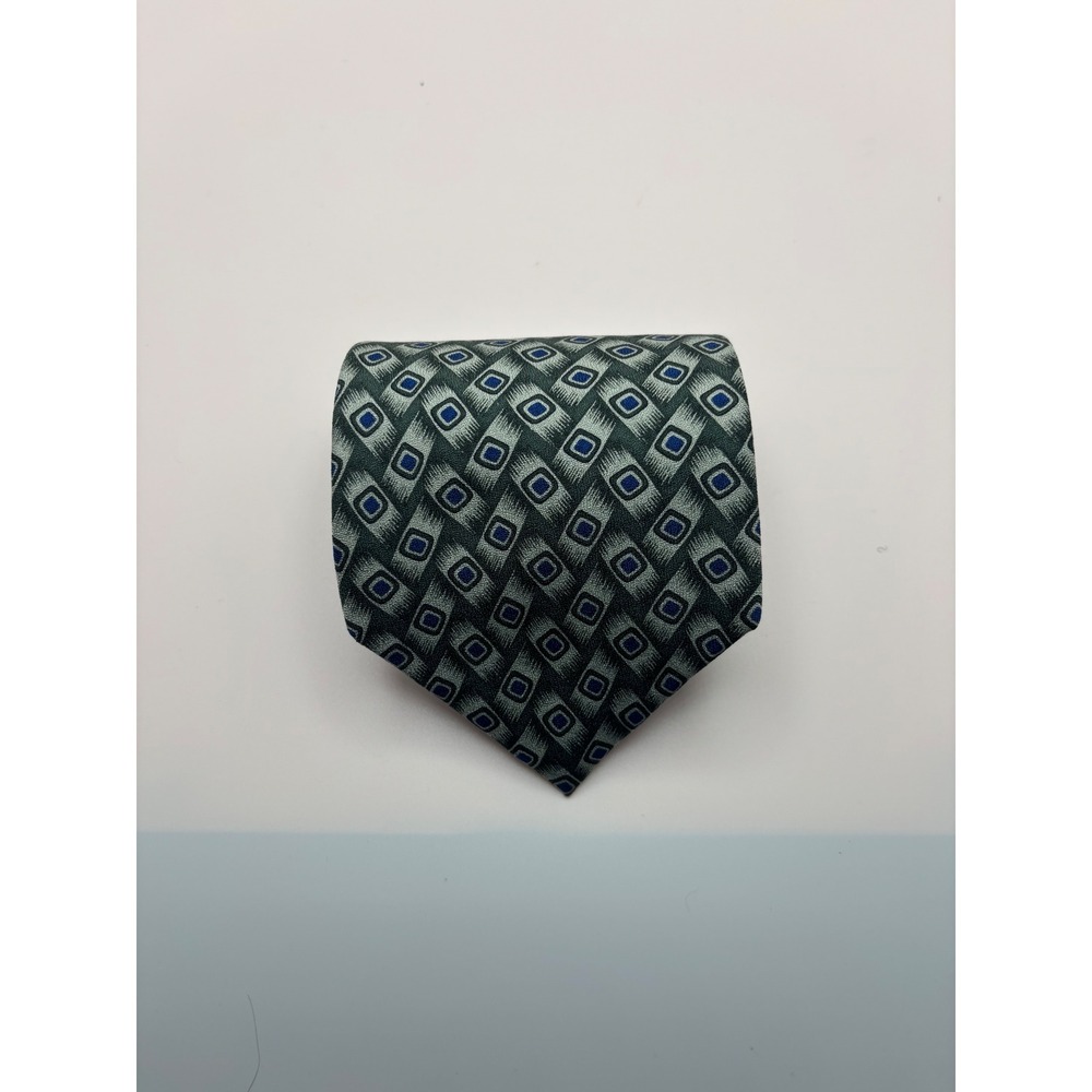 Structure Mens Silk Tie Green Blue Geometric Square Pattern Made in USA Vintage